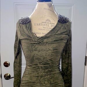 Elegant Olive Green Dress with Embellished Shoulders